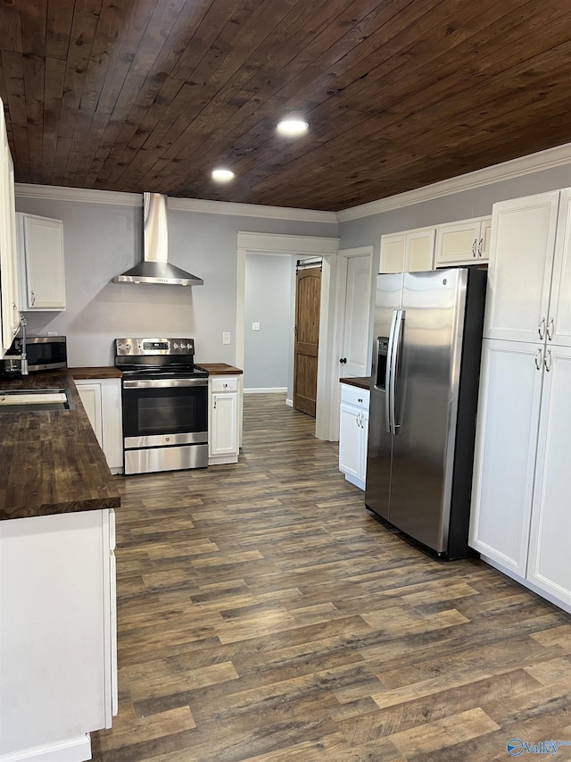 kitchen featuring white cabinetry, ornamental molding, dark hardwood / wood-style flooring, stainless steel appliances, and wall chimney range hood