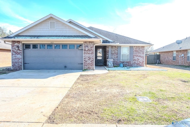 single story home with a garage, brick siding, a shingled roof, driveway, and a front yard