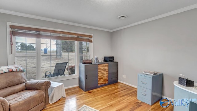 sitting room with ornamental molding and light hardwood / wood-style floors