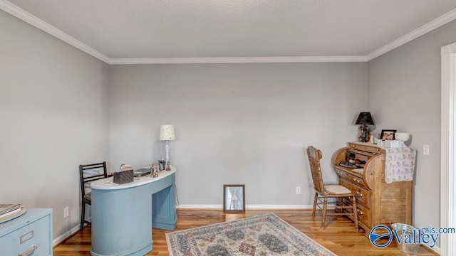 office with hardwood / wood-style floors and crown molding