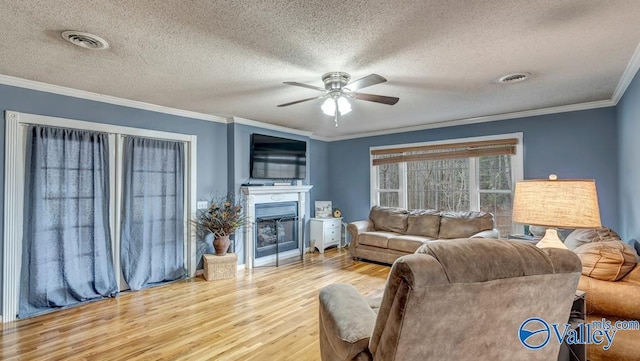 living room with crown molding, ceiling fan, wood-type flooring, and a textured ceiling