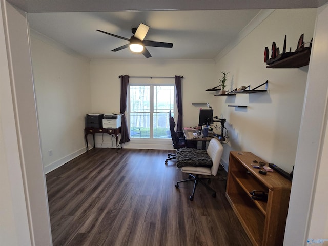 home office with ceiling fan, dark hardwood / wood-style floors, and ornamental molding