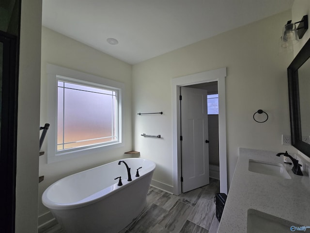 bathroom featuring a washtub and vanity