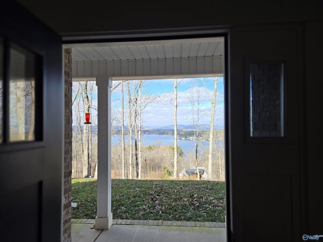 entryway featuring plenty of natural light and a water view