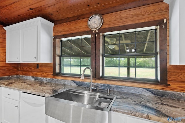 kitchen featuring plenty of natural light, white cabinetry, white dishwasher, and a sink
