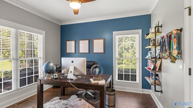 1943 Old Big Cove Rd SE, Owens Cross Roads, AL 35763 - office area with ceiling fan, healthy amount of natural light, crown molding, baseboards, and wood finished floors