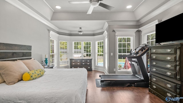 1943 Old Big Cove Rd SE, Owens Cross Roads, AL 35763 - bedroom featuring access to exterior, wood-type flooring, crown molding, recessed lighting, and ceiling fan