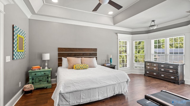 1943 Old Big Cove Rd SE, Owens Cross Roads, AL 35763 - bedroom with a tray ceiling, wood finished floors, baseboards, recessed lighting, and crown molding