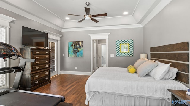 1943 Old Big Cove Rd SE, Owens Cross Roads, AL 35763 - bedroom featuring wood finished floors, baseboards, recessed lighting, a ceiling fan, and crown molding