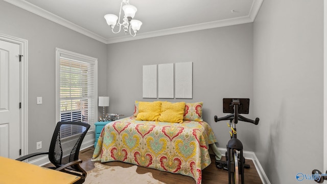 1943 Old Big Cove Rd SE, Owens Cross Roads, AL 35763 - bedroom featuring a chandelier, wood finished floors, baseboards, crown molding, and a desk