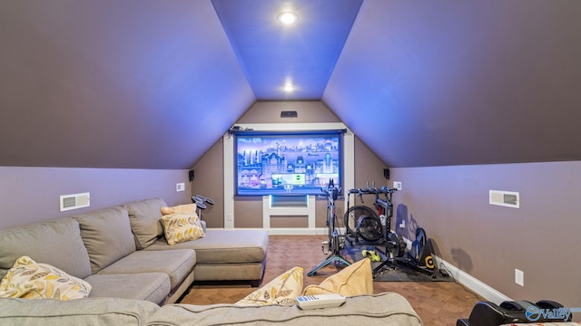 1943 Old Big Cove Rd SE, Owens Cross Roads, AL 35763 - cinema room with vaulted ceiling, baseboards, carpet flooring, and recessed lighting