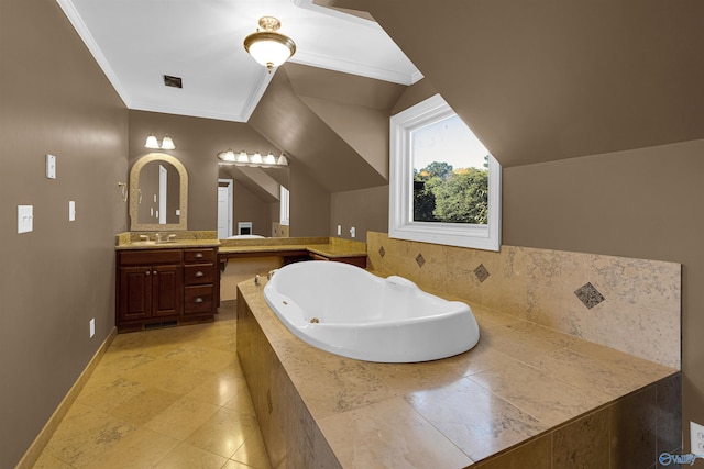 bathroom featuring tile patterned floors, lofted ceiling, vanity, tiled tub, and ornamental molding