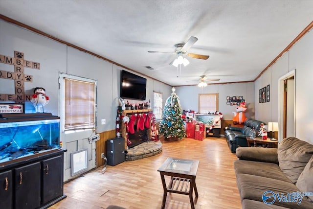 living room featuring crown molding, ceiling fan, a textured ceiling, and light wood-type flooring