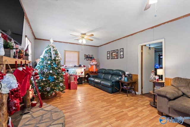 living room featuring crown molding, ceiling fan, and light wood-type flooring