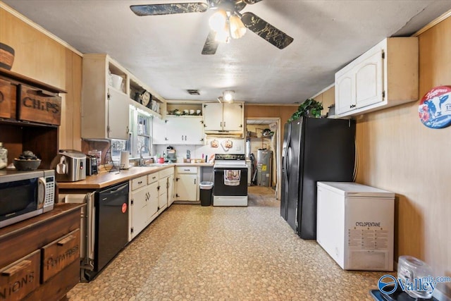 kitchen with ceiling fan, sink, white cabinets, and black appliances