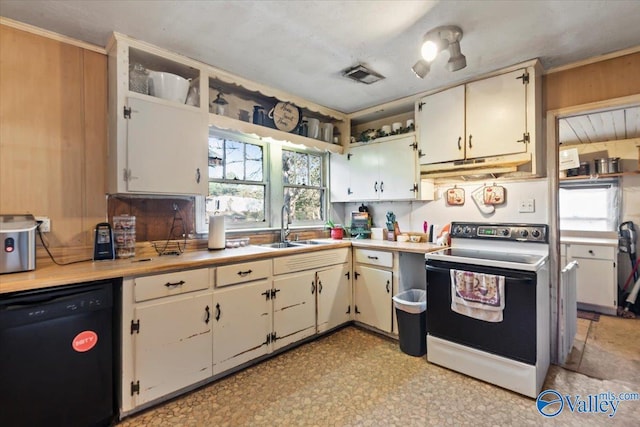 kitchen with white cabinetry, sink, dishwasher, and white electric range