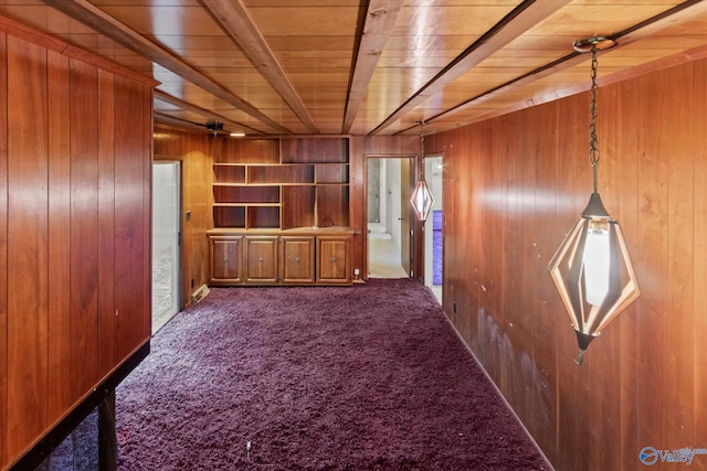 10101 Westleigh Dr, Huntsville, AL 35803 - corridor with wooden ceiling, wood walls, and carpet flooring