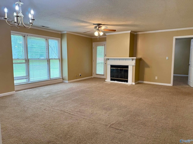 5070 Seven Pine Cir Ground, Unit Ground, Huntsville, AL 35816 - unfurnished living room with a chandelier, a ceiling fan, a textured ceiling, ornamental molding, and baseboards