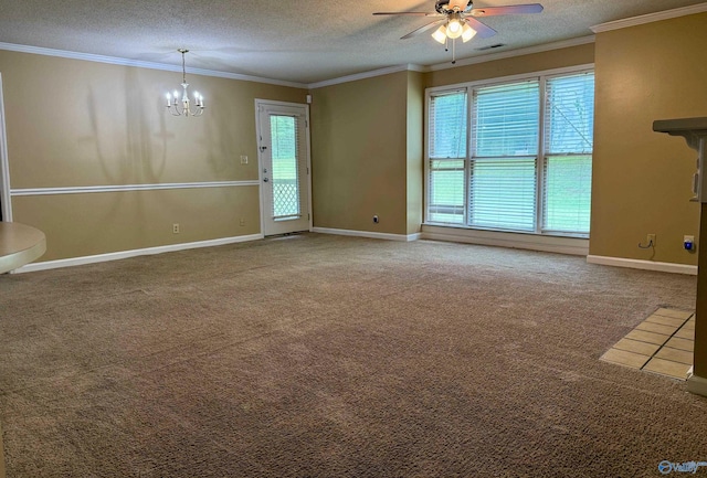 5070 Seven Pine Cir Ground, Unit Ground, Huntsville, AL 35816 - spare room featuring a textured ceiling, a ceiling fan, carpet flooring, a chandelier, and baseboards
