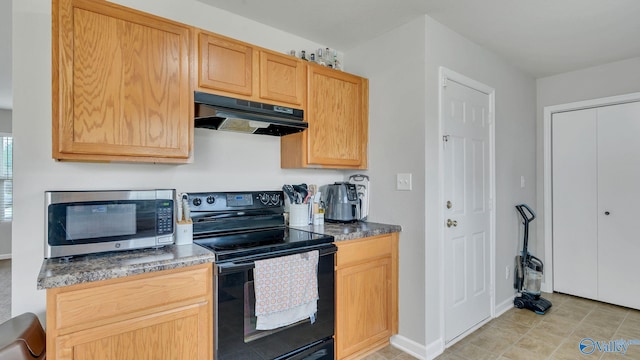 28119 Chasebrook Dr, Harvest, AL 35749 - kitchen featuring black range with electric cooktop, stainless steel microwave, under cabinet range hood, baseboards, and dark countertops