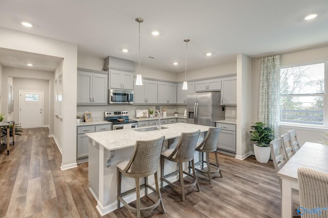 kitchen with sink, stainless steel appliances, hardwood / wood-style floors, pendant lighting, and a kitchen island with sink