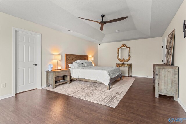 102 Bay Pointe Ln, Madison, AL 35758 - bedroom with a raised ceiling, wood finished floors, baseboards, and ceiling fan