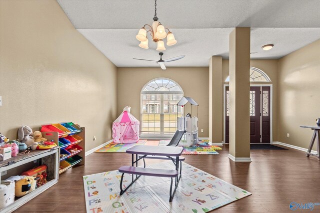 102 Bay Pointe Ln, Madison, AL 35758 - recreation room featuring a chandelier, wood finished floors, baseboards, a textured ceiling, and a ceiling fan