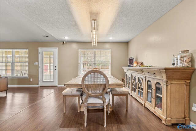 102 Bay Pointe Ln, Madison, AL 35758 - dining room with a textured ceiling, baseboards, dark wood finished floors, and recessed lighting