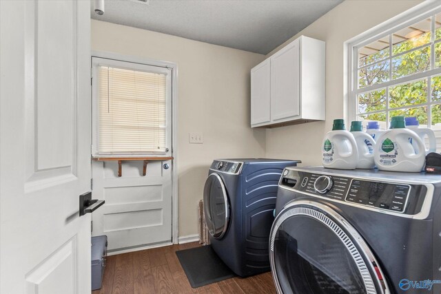 102 Bay Pointe Ln, Madison, AL 35758 - washroom featuring cabinet space, washing machine and clothes dryer, dark wood-type flooring, and baseboards