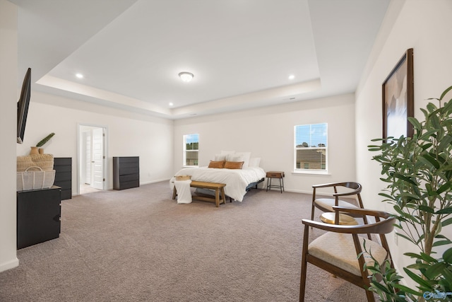 bedroom featuring a raised ceiling, ensuite bathroom, and carpet floors