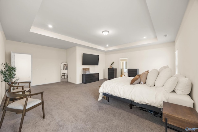 carpeted bedroom with a raised ceiling