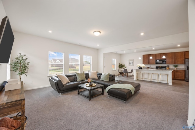 carpeted living room featuring sink