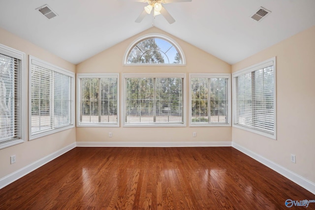 unfurnished sunroom featuring vaulted ceiling and ceiling fan