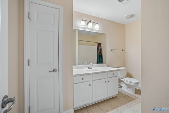 bathroom featuring walk in shower, tile patterned floors, toilet, and vanity