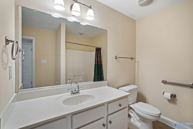 bathroom with tile patterned flooring, walk in shower, vanity, and toilet