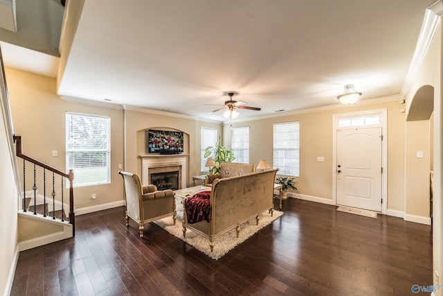 1117 Pegasus Dr NW, Huntsville, AL 35806 - living room featuring dark wood-style flooring, ceiling fan, a fireplace, crown molding, and stairway