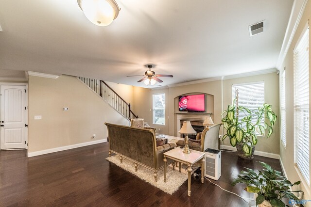 1117 Pegasus Dr NW, Huntsville, AL 35806 - living room with a fireplace, ornamental molding, dark wood-style floors, a ceiling fan, and stairs