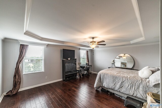 1117 Pegasus Dr NW, Huntsville, AL 35806 - bedroom with a raised ceiling, crown molding, wood-type flooring, and ceiling fan