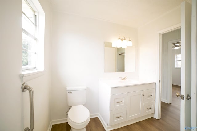 bathroom featuring plenty of natural light, toilet, wood finished floors, and vanity