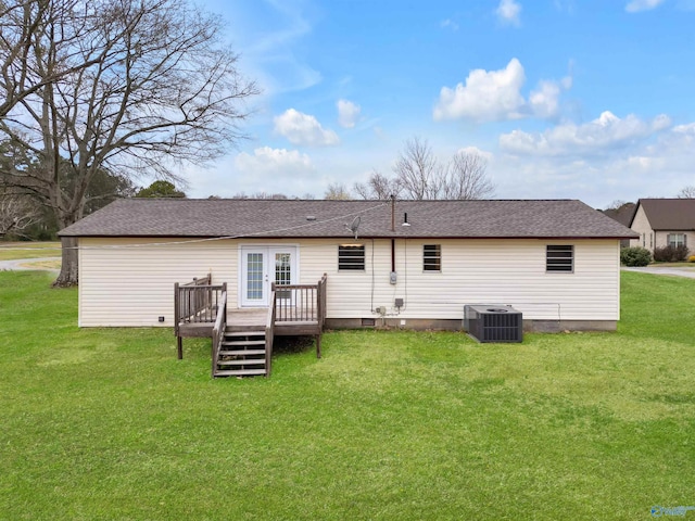 back of house with a deck, central AC, a yard, a shingled roof, and crawl space