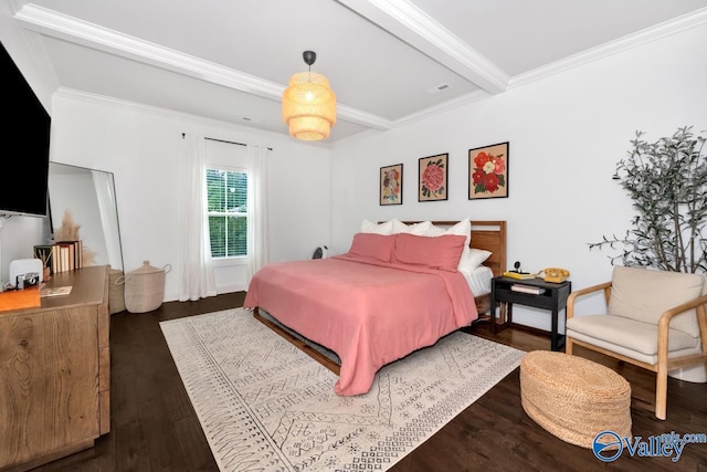 bedroom featuring dark hardwood / wood-style flooring, beam ceiling, and crown molding