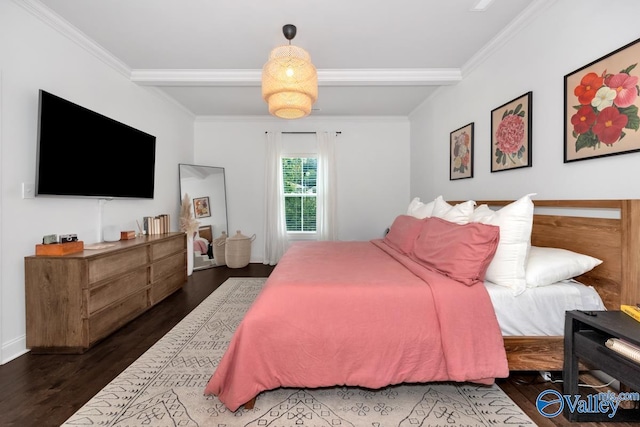 bedroom featuring beam ceiling, crown molding, and dark wood-type flooring