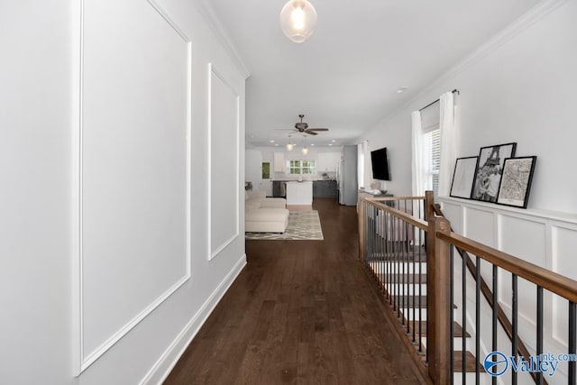 hallway with dark wood-type flooring and ornamental molding