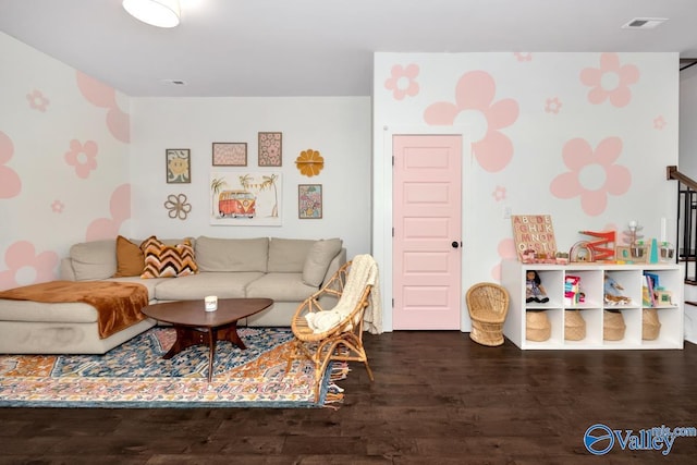 living room with dark wood-type flooring