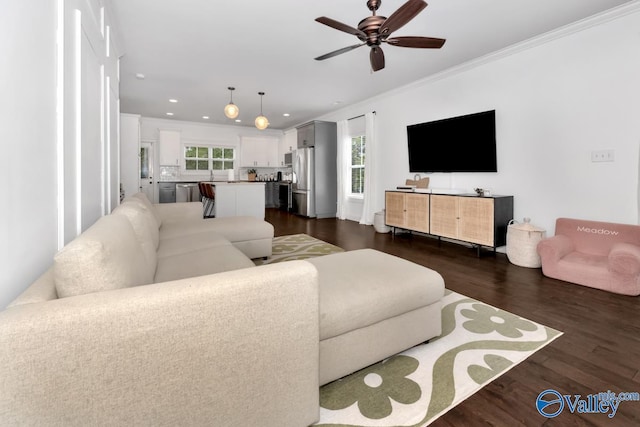 living room featuring crown molding, plenty of natural light, dark wood-type flooring, and ceiling fan