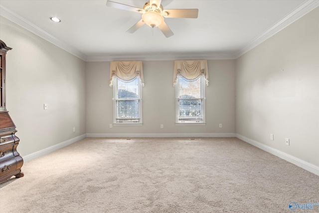 spare room with ceiling fan, ornamental molding, and carpet floors