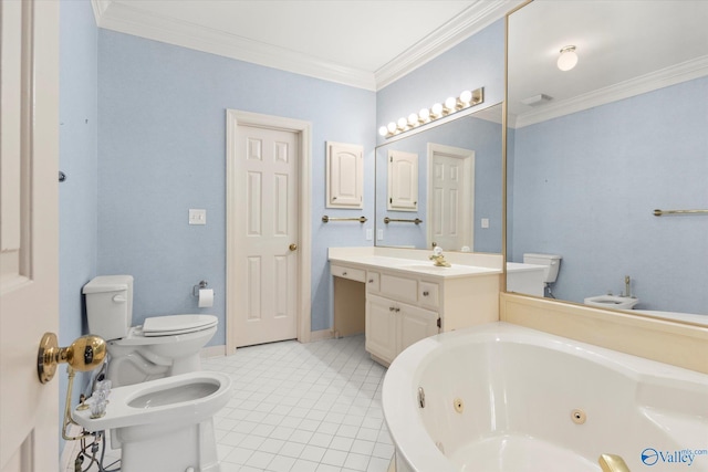 bathroom featuring a tub to relax in, vanity, crown molding, a bidet, and toilet