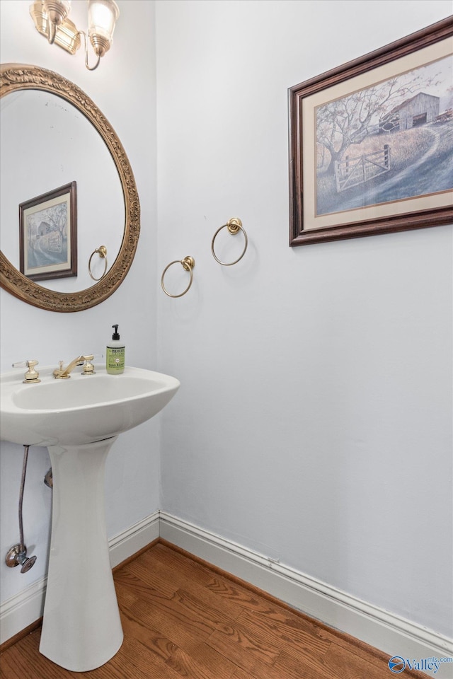 bathroom with hardwood / wood-style floors