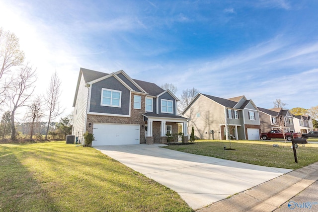 craftsman inspired home with a garage, central AC, brick siding, concrete driveway, and a residential view