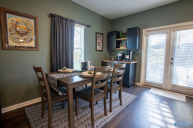 dining room with dark wood-type flooring and baseboards